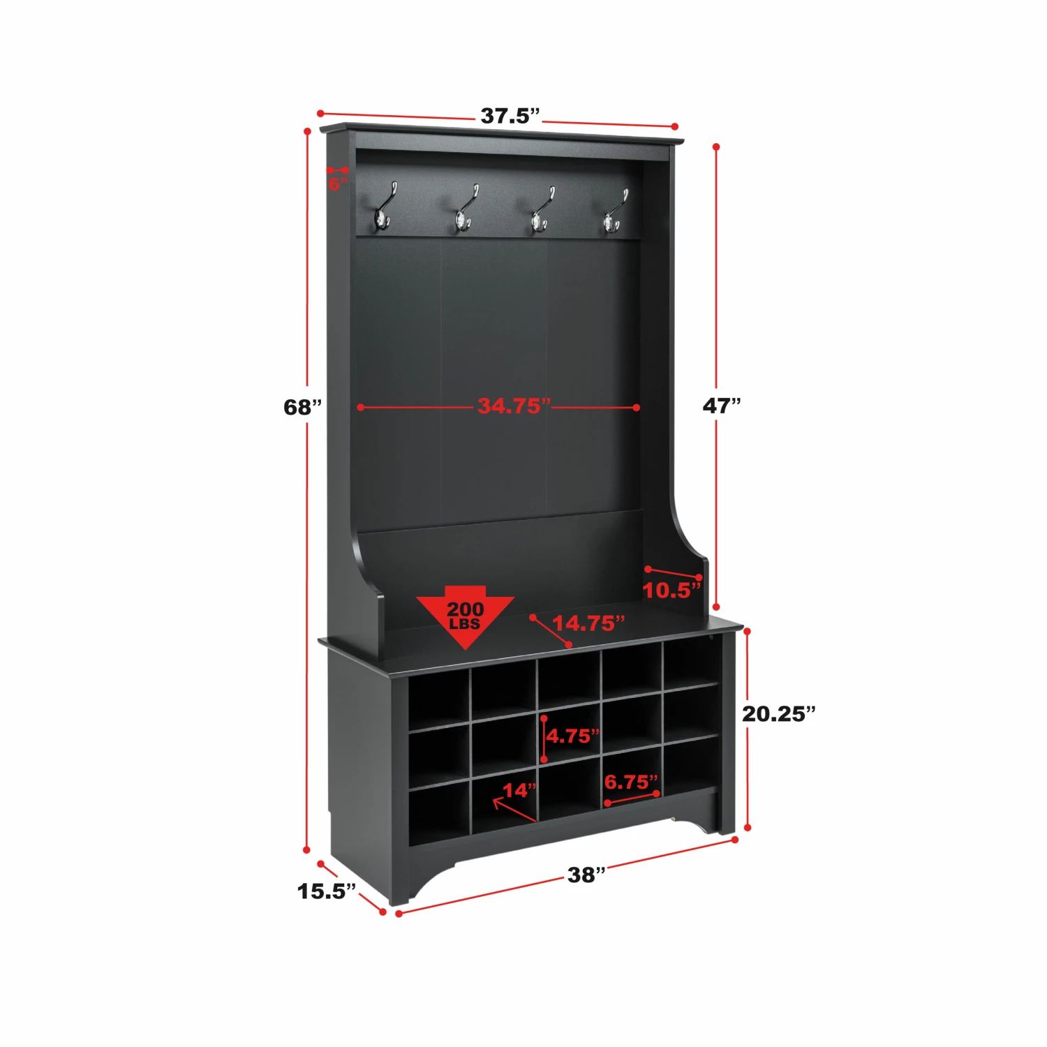 Prepac Hall Tree With Shoe Storage - Black - 38-in X 68-in 2 Prepac Hall Tree With Shoe Storage - Black - 38-in X 68-in - Image 2