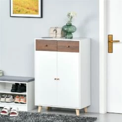HomCom Walnut And White Wood Modern Shoe Cabinet With 2 Drawers -Storage Furniture Sales 2024 330932491 AlternateImage1