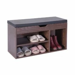 Basicwise 5-Pair Brown Wood Shoe Storage Bench - 31.5-in X 11.75-in X 18-in