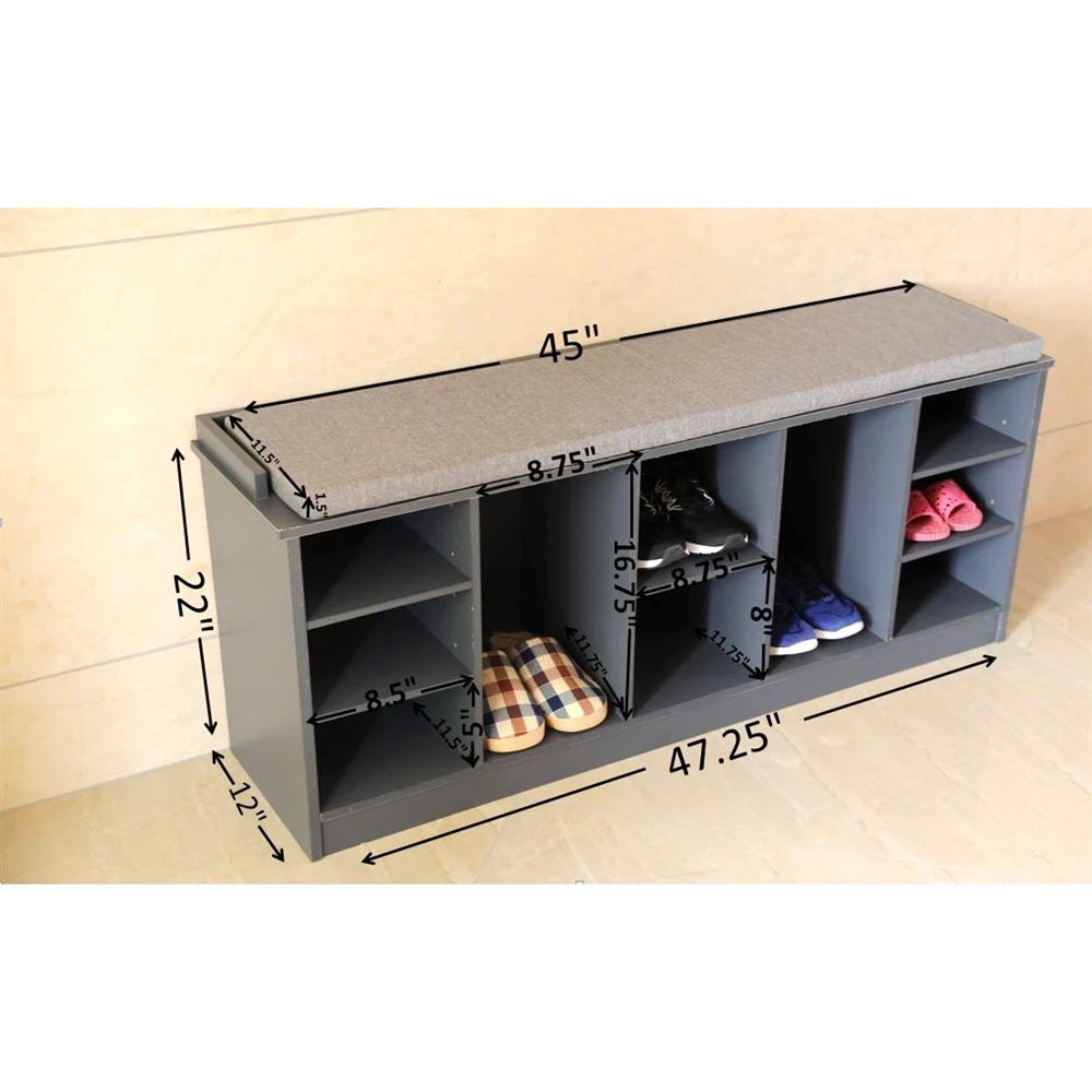Basicwise 10-Pair Grey Wood Shoe Storage Bench - 47.25-in X 12-in X 22-in 2 Basicwise 10-Pair Grey Wood Shoe Storage Bench - 47.25-in X 12-in X 22-in - Image 2