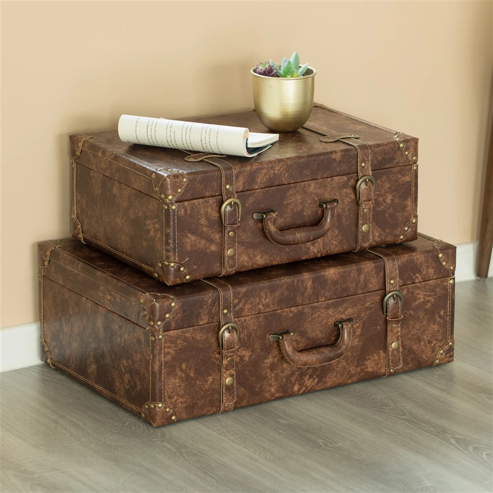 Vintiquewise 23-in X 8.25-in Brown Faux Leather Storage Trunk - Set Of 2 3 Vintiquewise 23-in X 8.25-in Brown Faux Leather Storage Trunk - Set Of 2 - Image 3