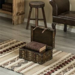 Vintiquewise 14-in X 7.5-in Brown Wood And Faux Leather Storage Trunk