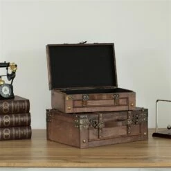 Vintiquewise Brown Wooden Storage Trunk With Faux Leather Belt - Set Of 2 -Storage Furniture Sales 2024 331030242 AlternateImage5