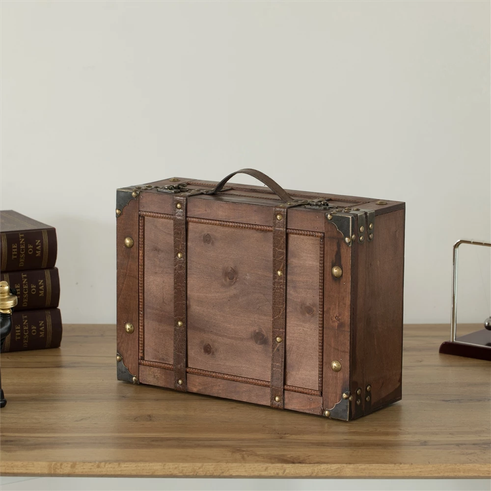 Vintiquewise Large Wooden Storage Trunk With Faux Leather Belt - Brown 7 Vintiquewise Large Wooden Storage Trunk With Faux Leather Belt - Brown - Image 7