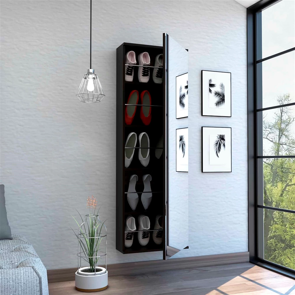 FM Furniture Connecticut 10-Pair Black Wengue Wall Mounted Composite Shoe Rack With Mirror 6 FM Furniture Connecticut 10-Pair Black Wengue Wall Mounted Composite Shoe Rack With Mirror - Image 6